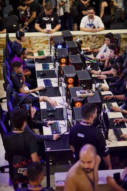 Slot machine tournament with blue lighting and excited players